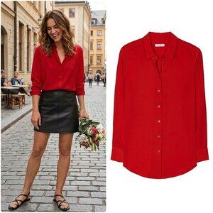 NWT Equipment Essential 100% Silk Button Down Shirt Blouse in Red Nouveau XS, S
